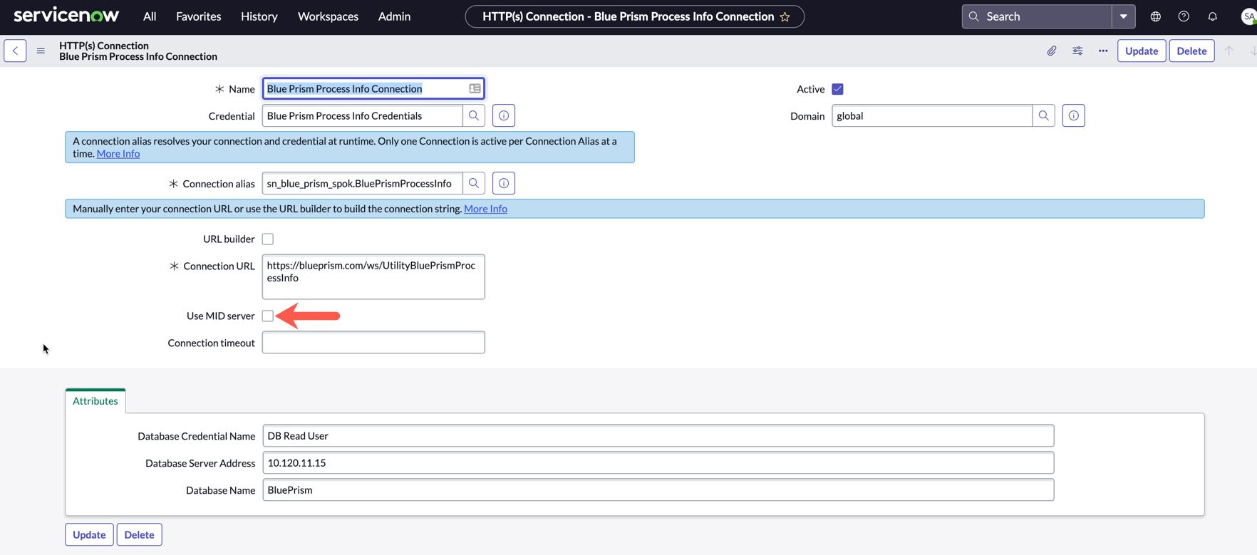 Blue Prism 接続および認証情報レコードの MID サーバーオプション。