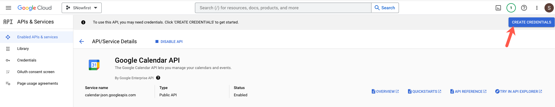 Google Calendar API にアクセスするための [認証情報を作成] ボタン