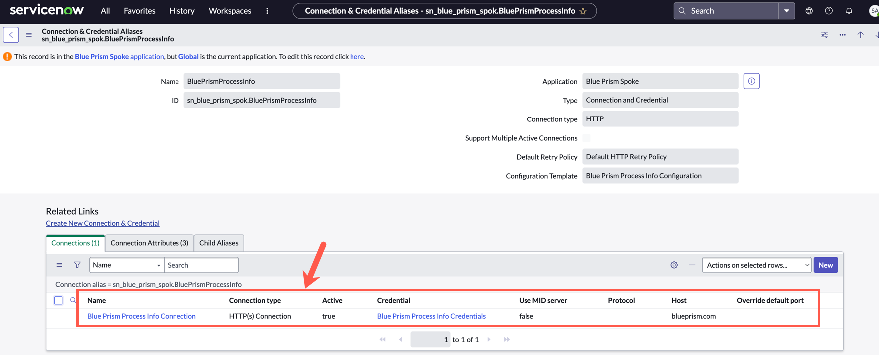 Blue Prism スポークのデフォルトの接続および認証情報レコードが作成されました。