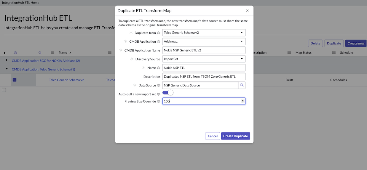 Interface do usuário do mapa de transformação de ETL duplicado exibindo informações de campo para duplicar o esquema genérico de Telco V2 para o Nokia NSP ETL.
