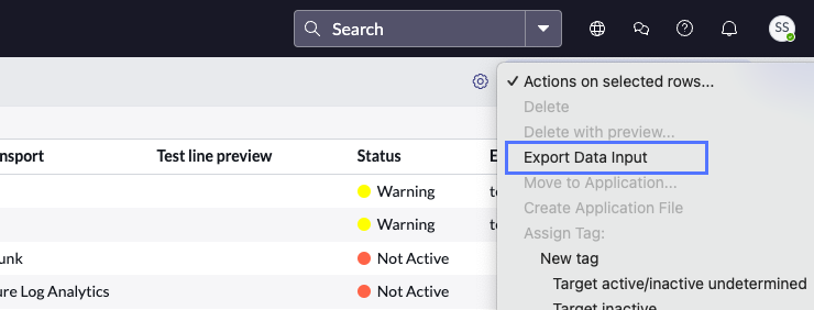 Option Export Data Input (Exporter l’entrée de données) dans le menu déroulant Actions sur les lignes sélectionnées.