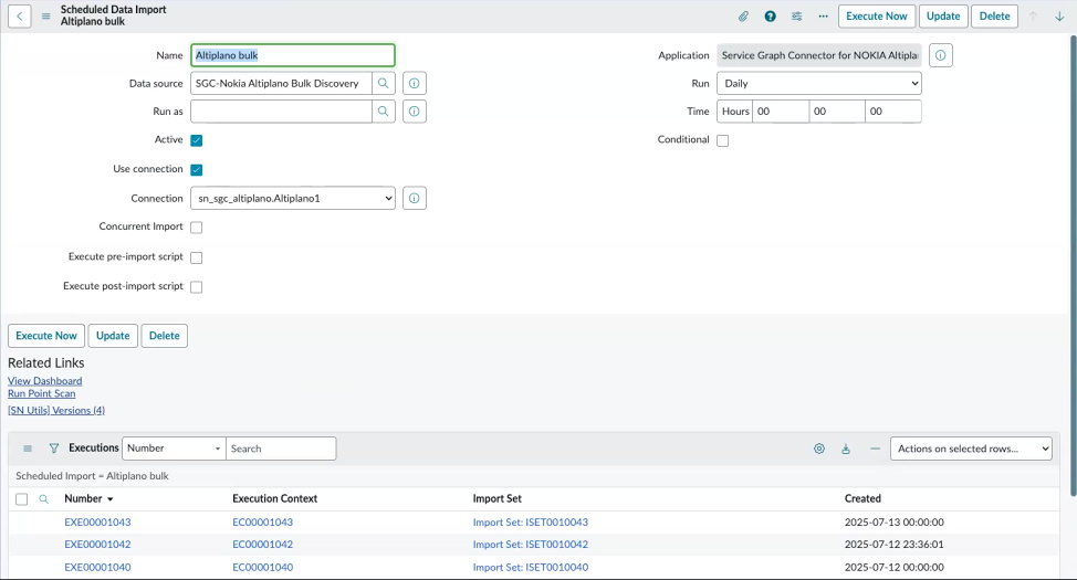 Scheduled data import screen of Nokia Altiplano bulk discovery and the list of executions.