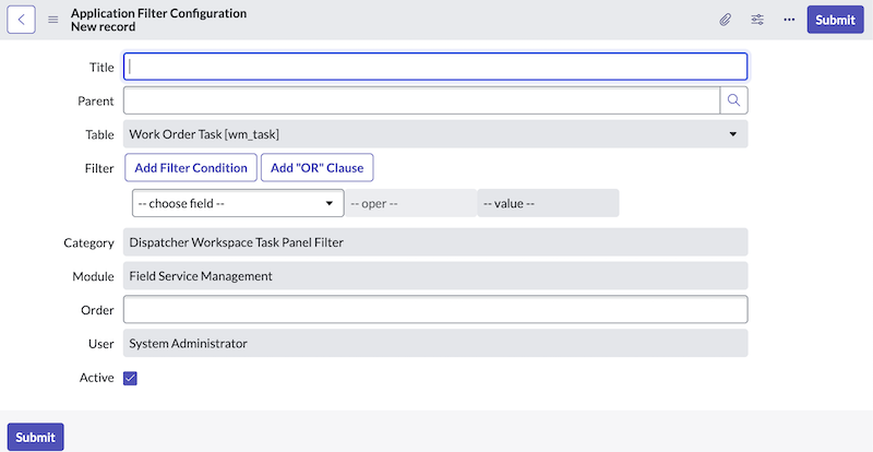 application filter configuration form