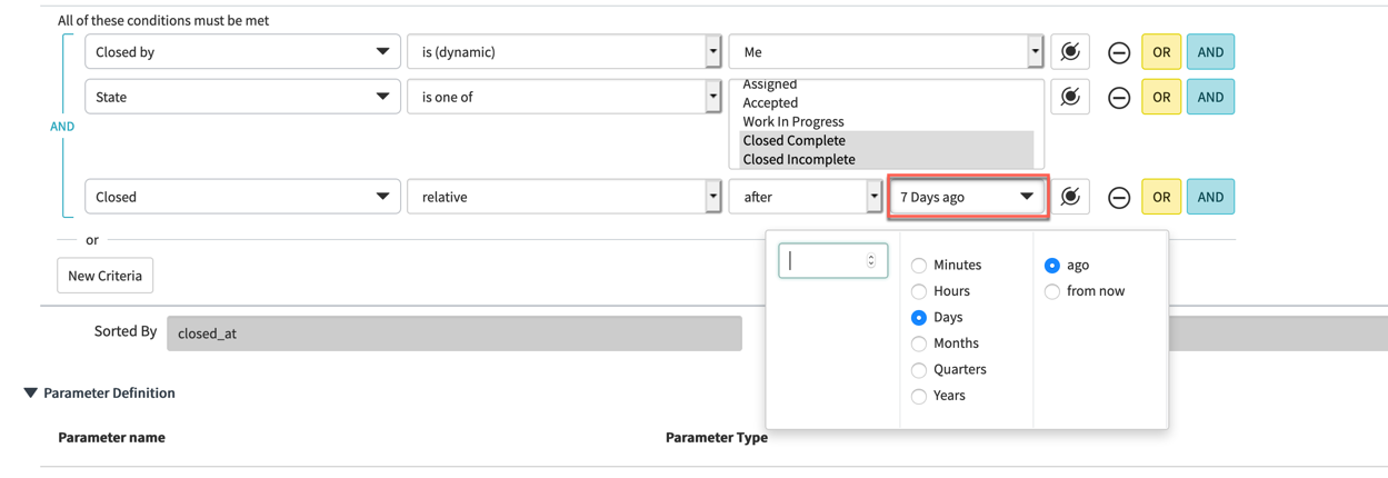Condition section of a recently closed data item with the time parameter highlighted.