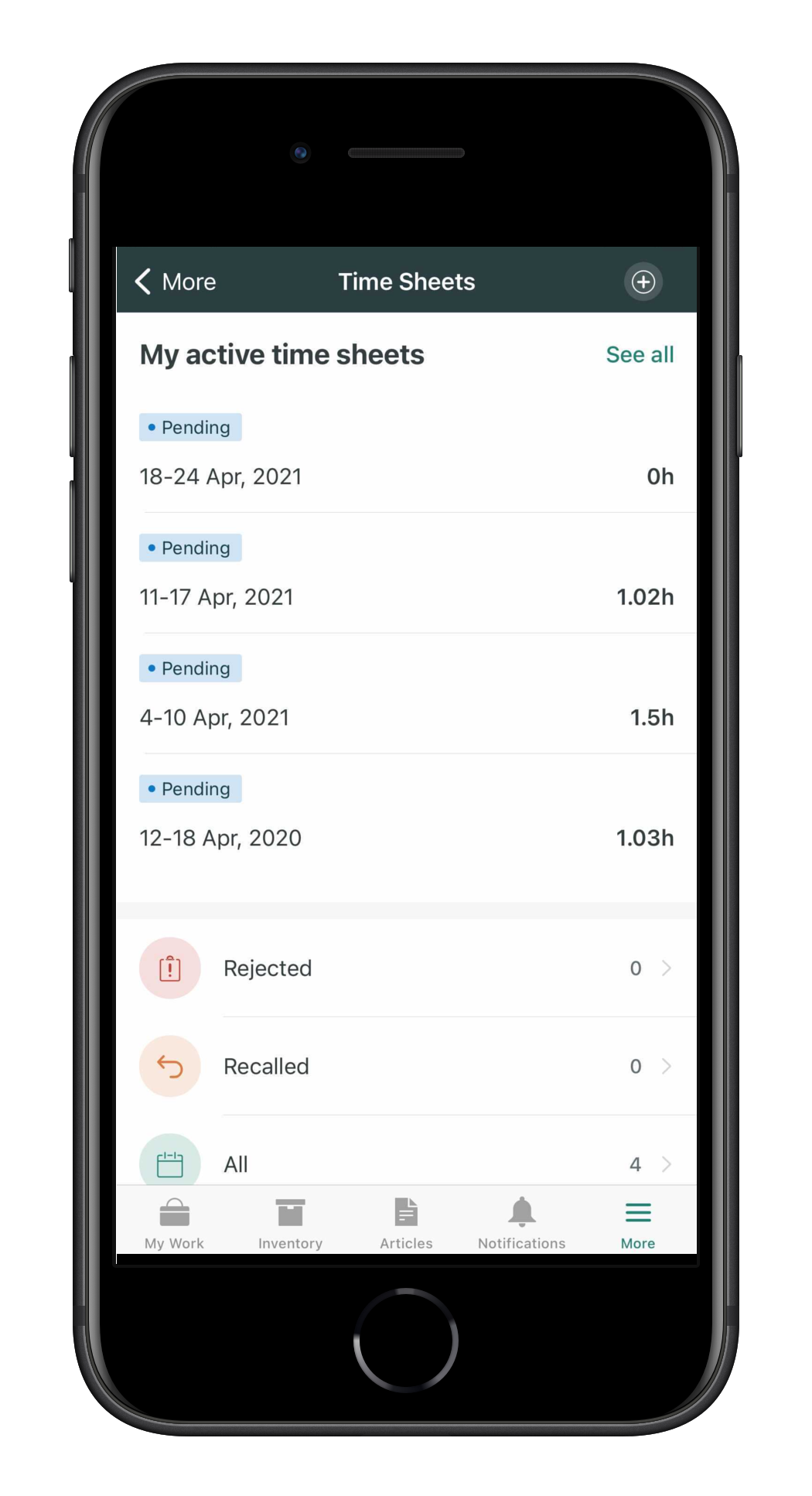Mobile view of an agent's app displaying active time sheets.