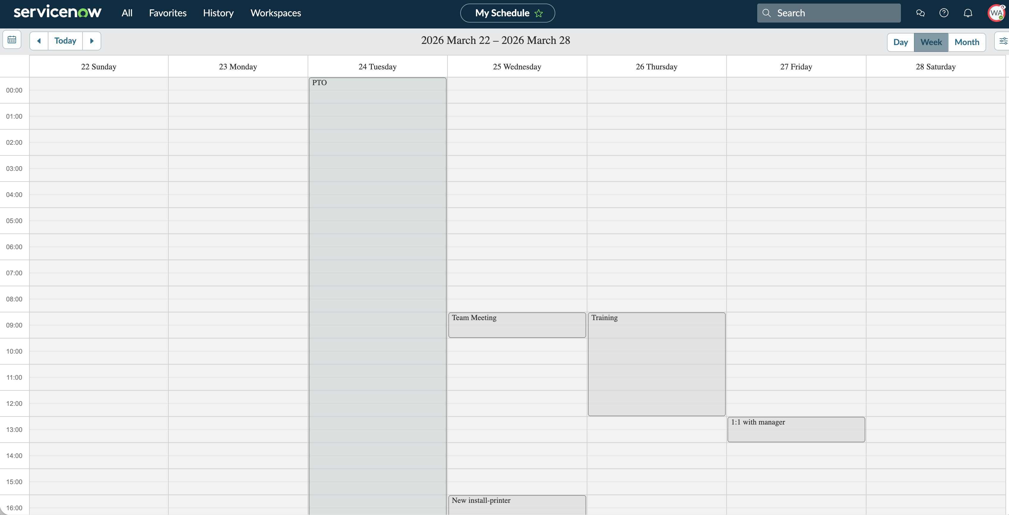 Calendar displaying an agent's schedule and daily assignments including work hours, tasks, personal meetings, and appointments.