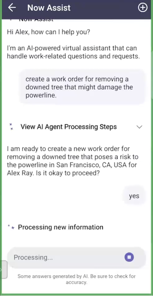 The Create work order workflow in Now Assist Virtual Agent on the mobile app.