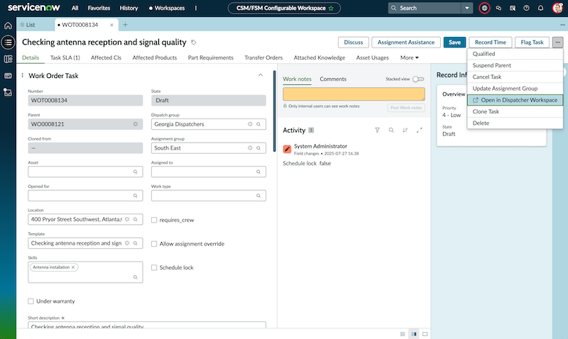 opening a task from the work order task form