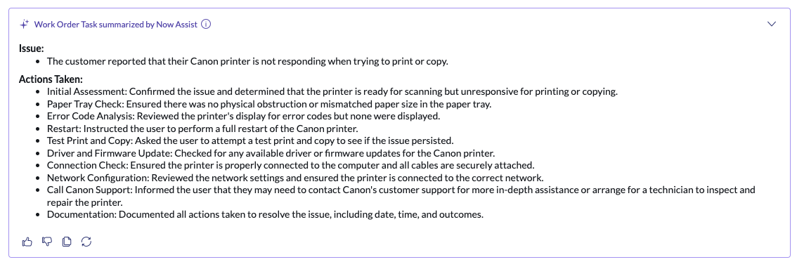 Summary generated for the work order task.