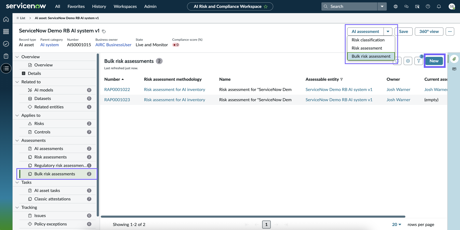 Choices to create bulk risk assessment from the AI asset record.