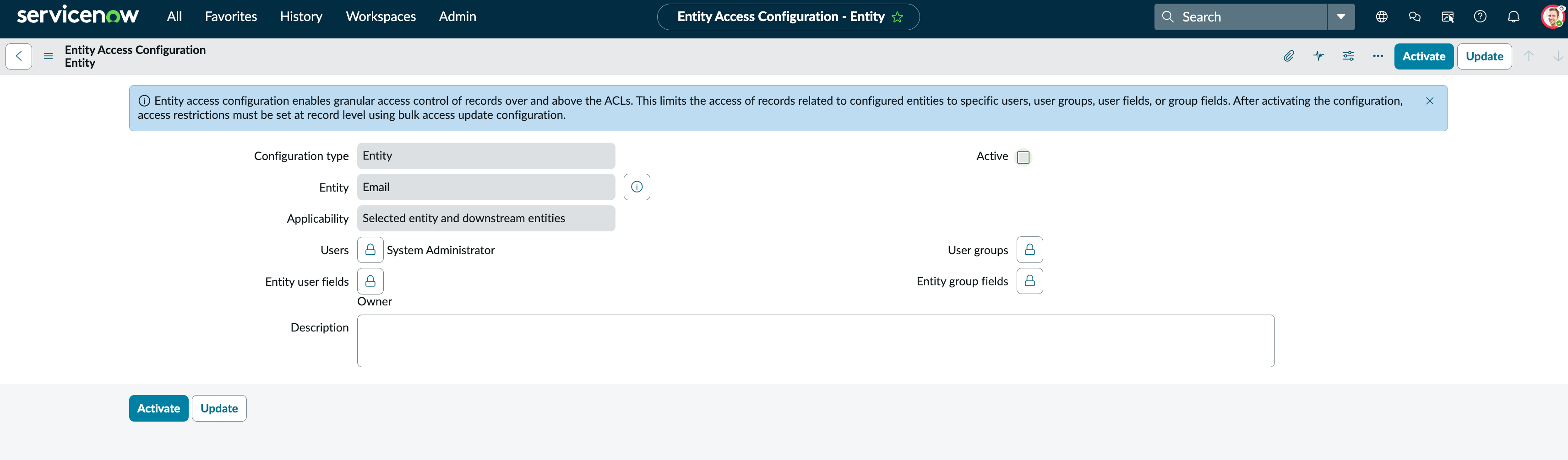 Entity configuration screen for a user.