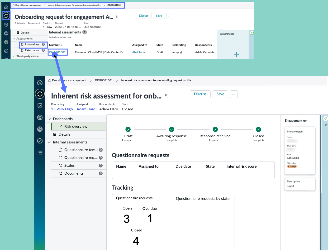 Select the INA number to work on the Internal assessments page.