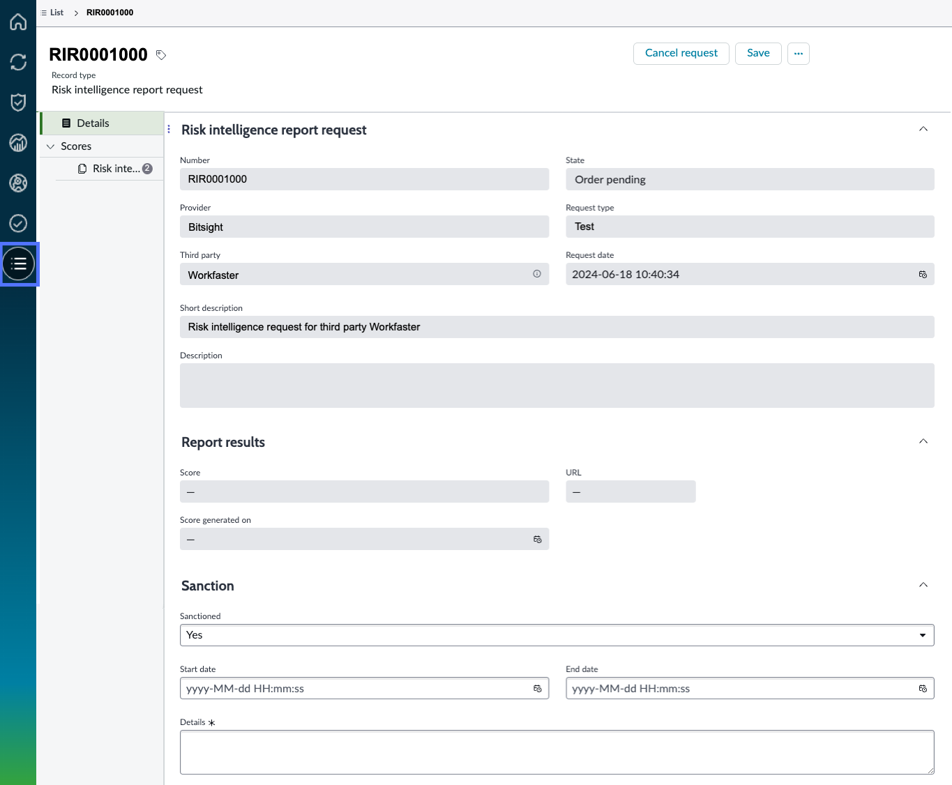 Risk intelligence report request view from the Details tab on the report request page.