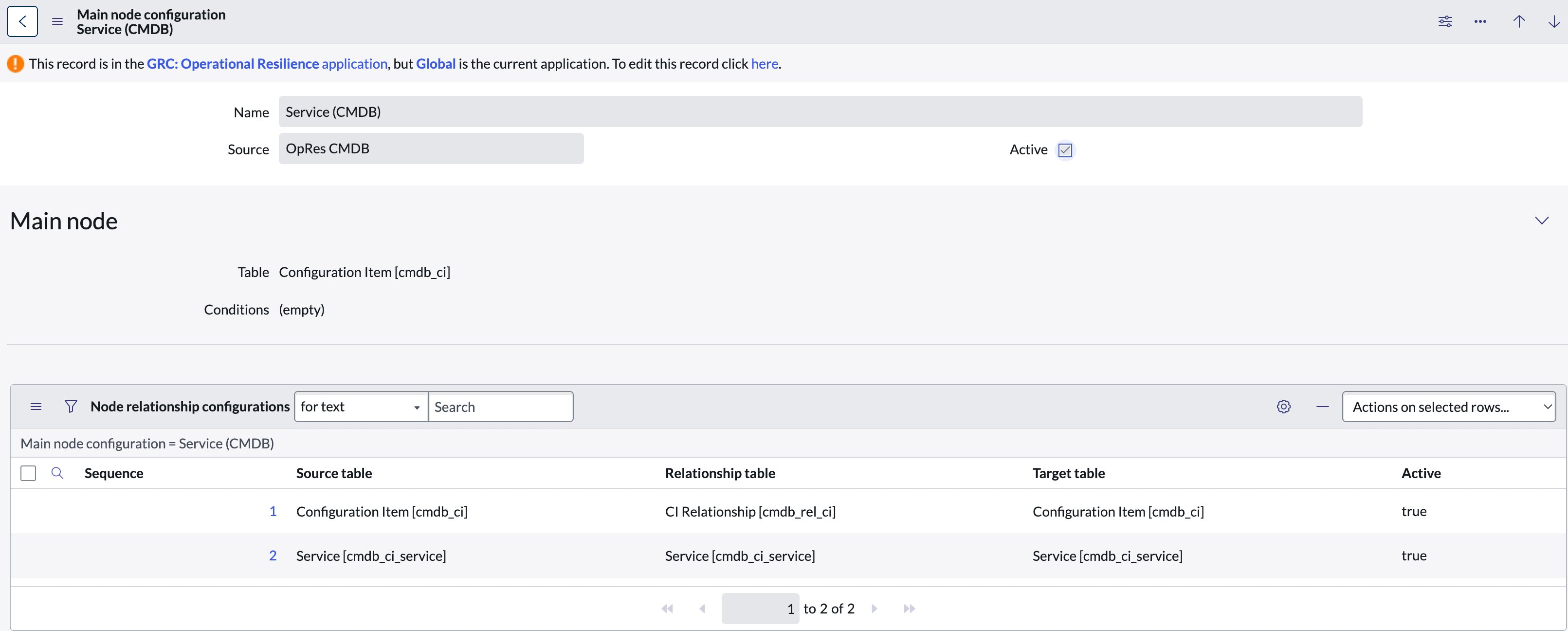 Business Service (CMDB) Main node configuration.