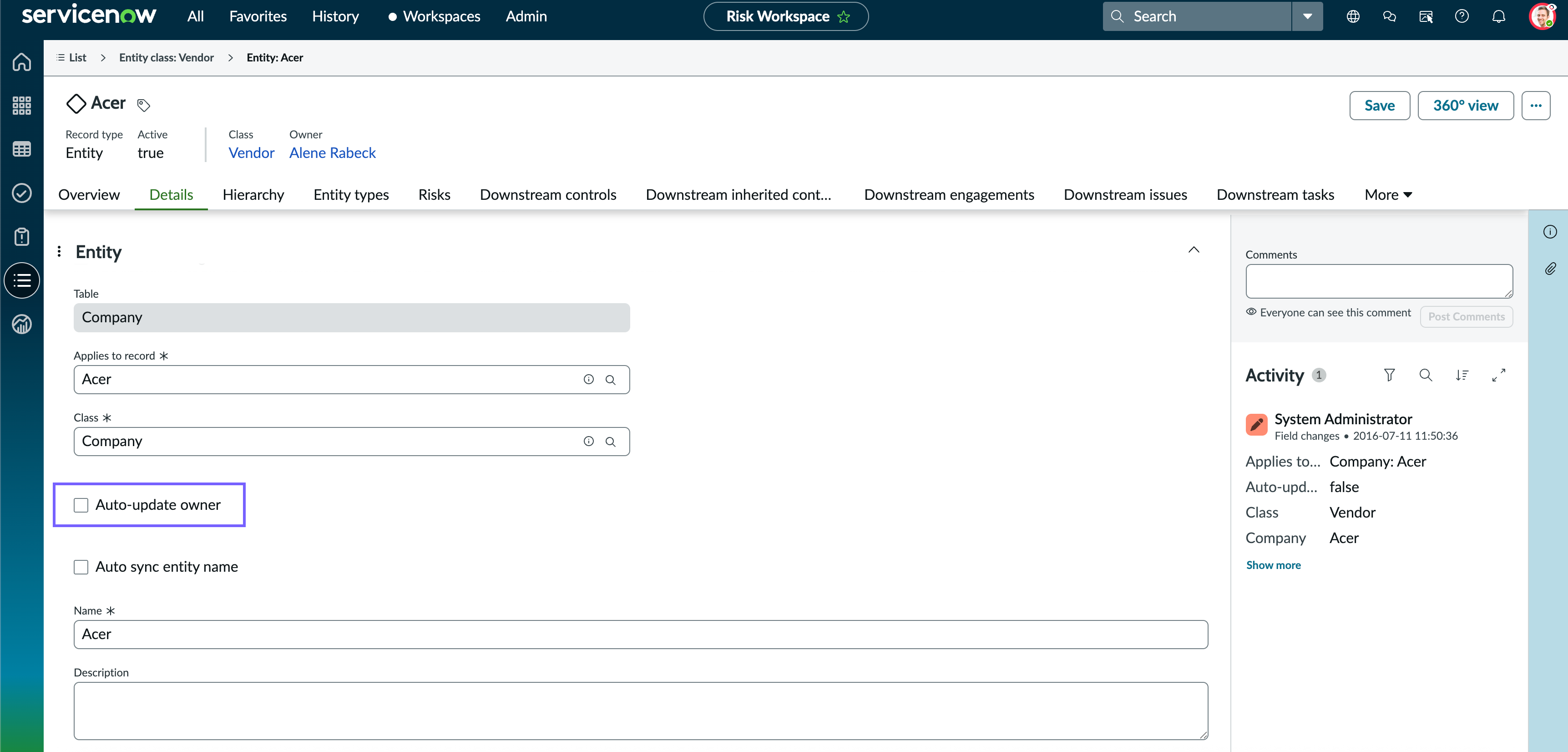 Entity form in the workspace view.