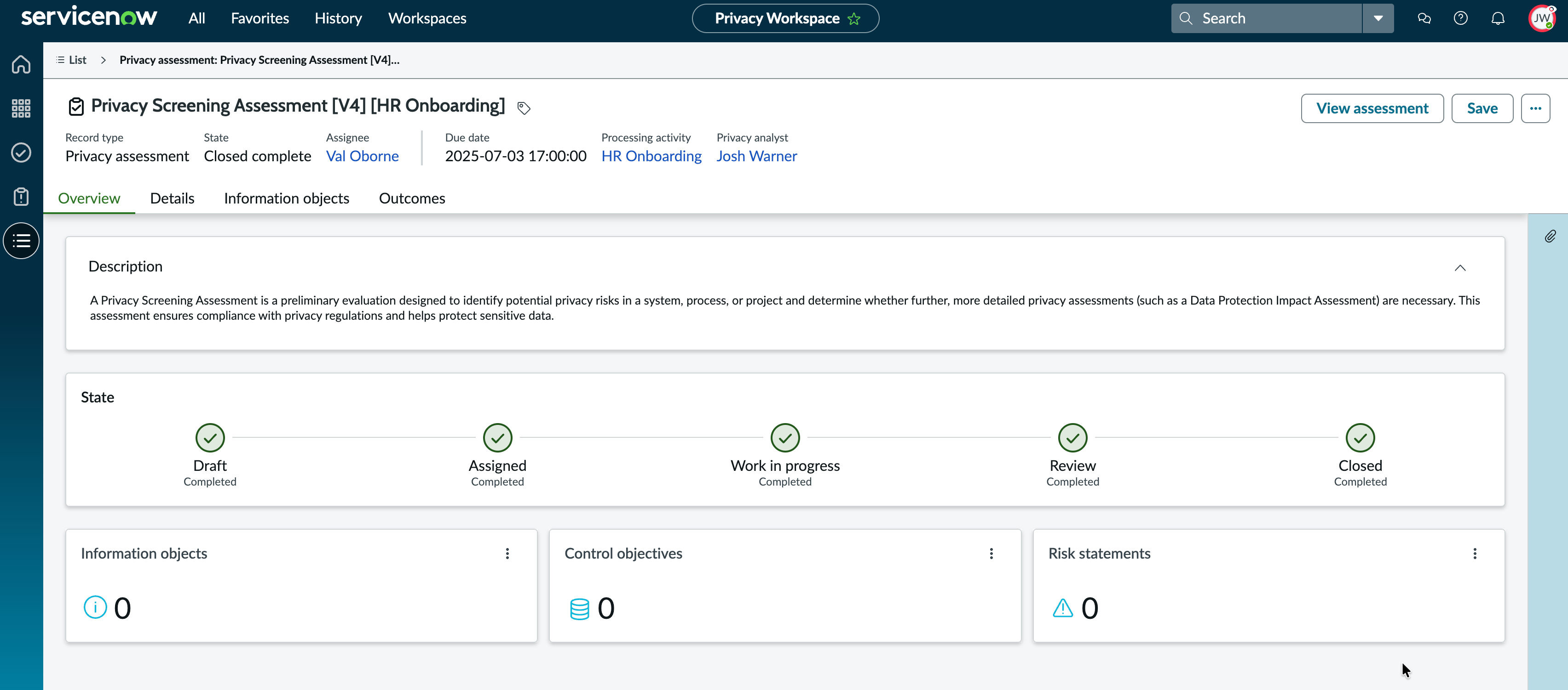 Privacy screening assessment page.