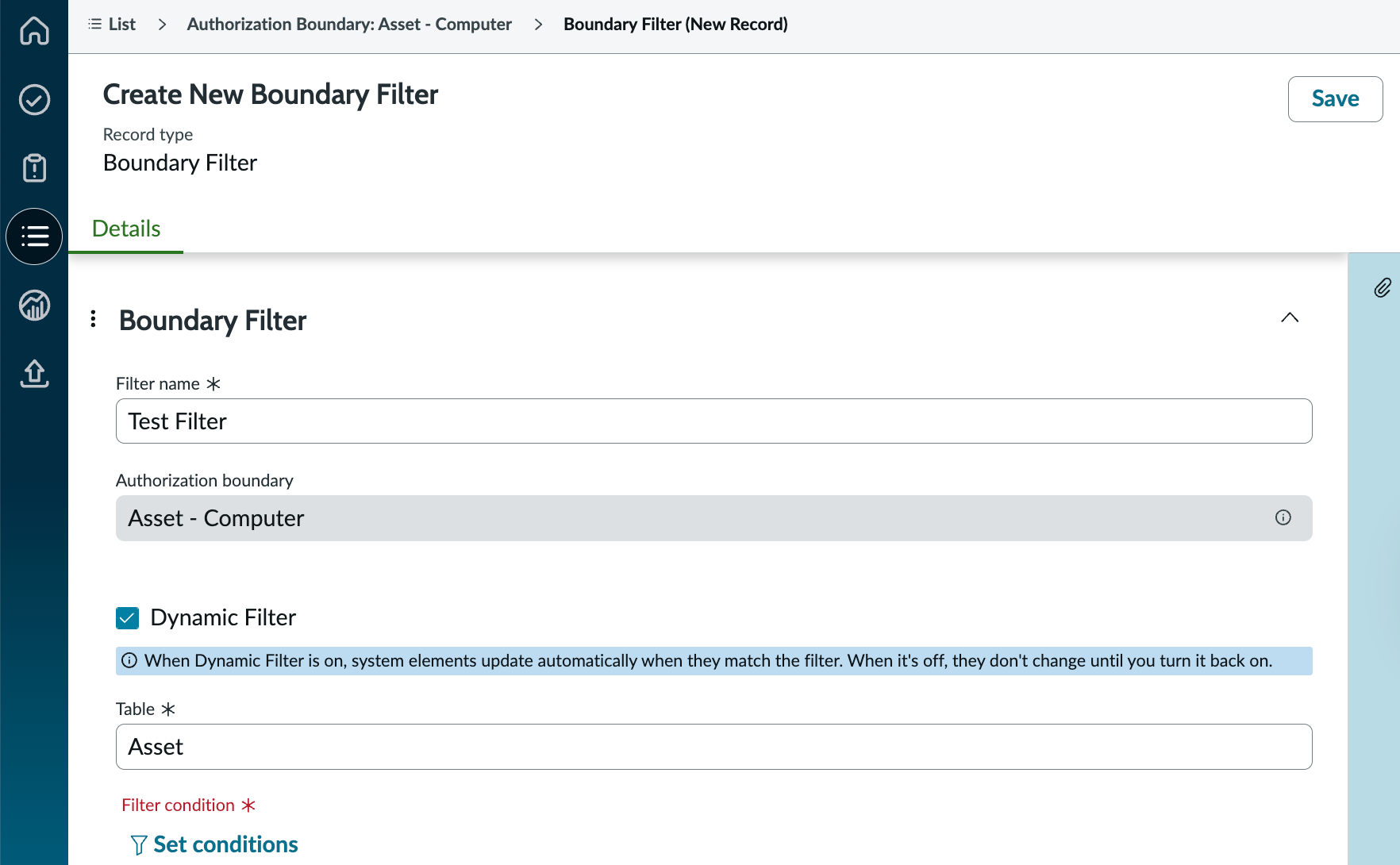 Entering filter details.