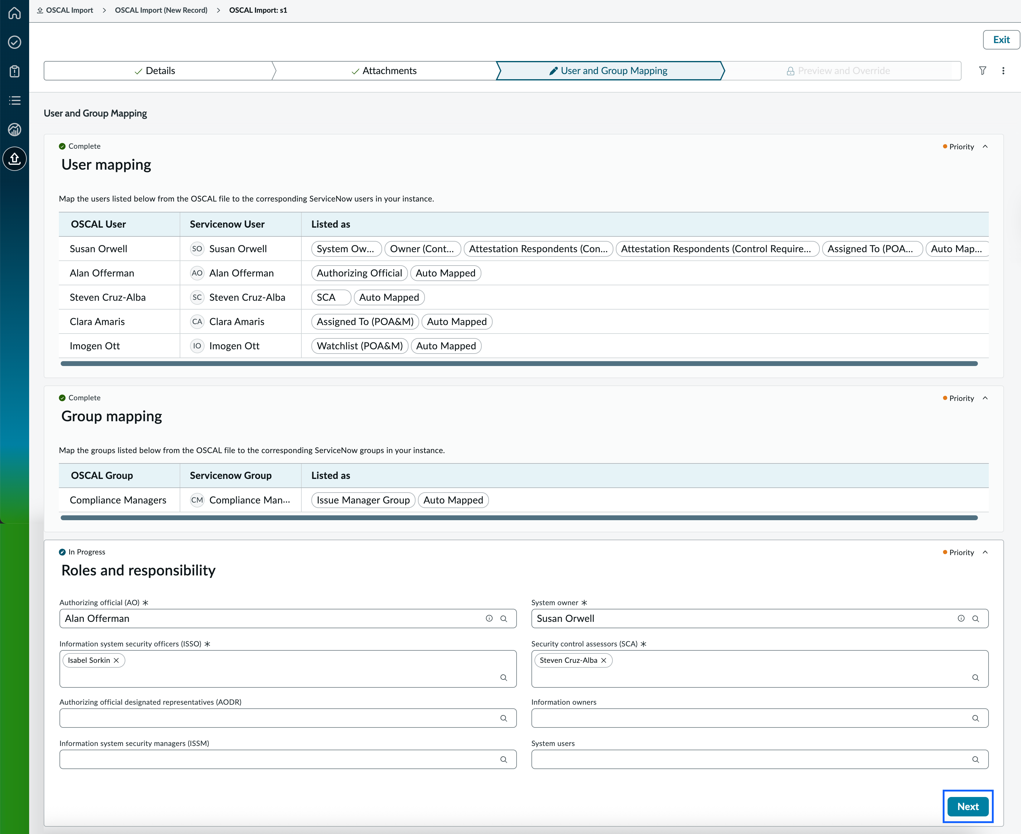 User and group mapping for OSCAL import SSP.