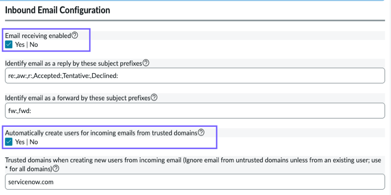 Inbound email configuration settings that control email processing at the instance level.