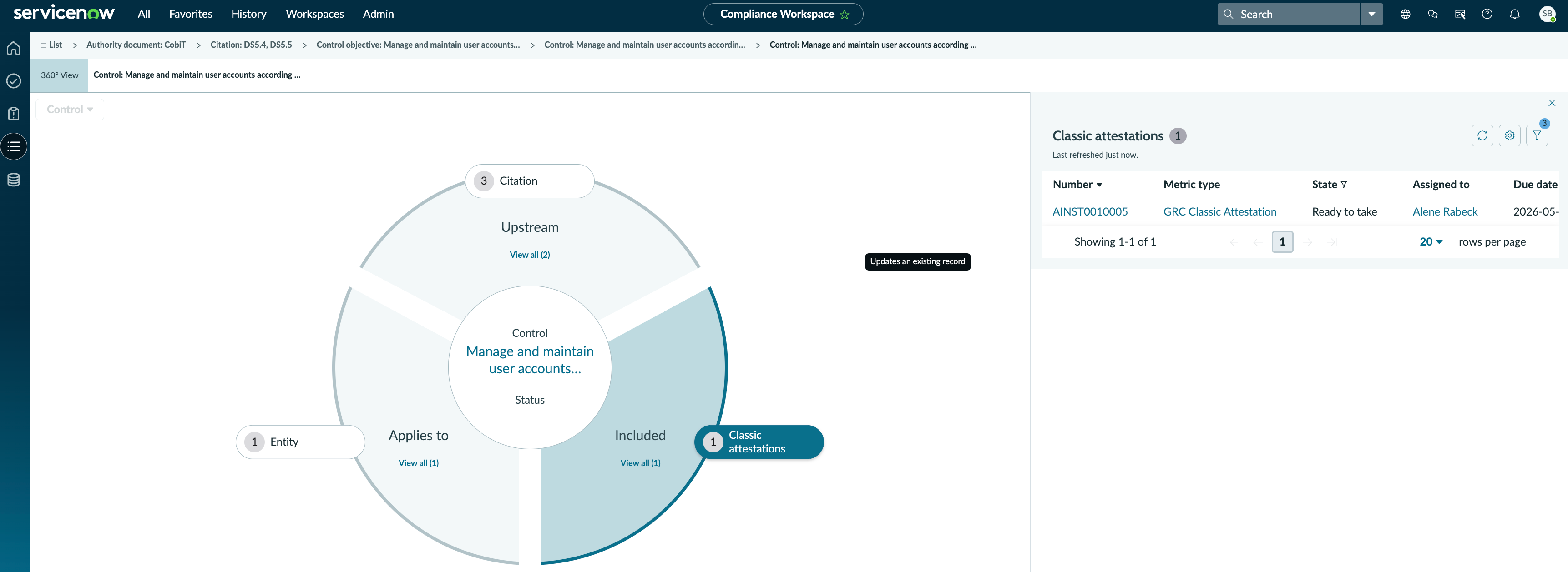 Attestations in the 360° view of a control.