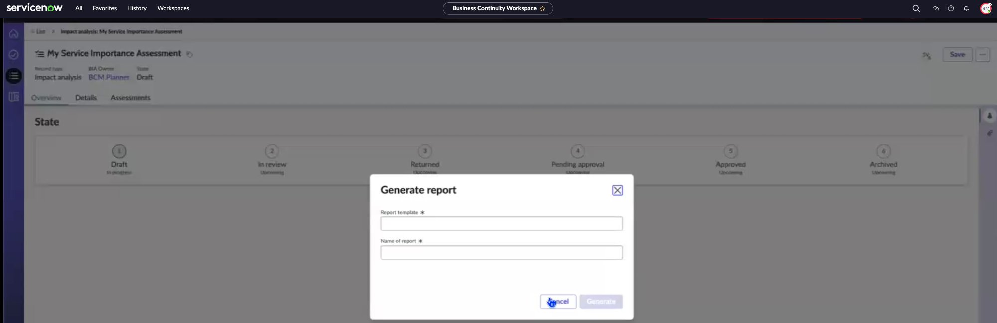 Generate report window.