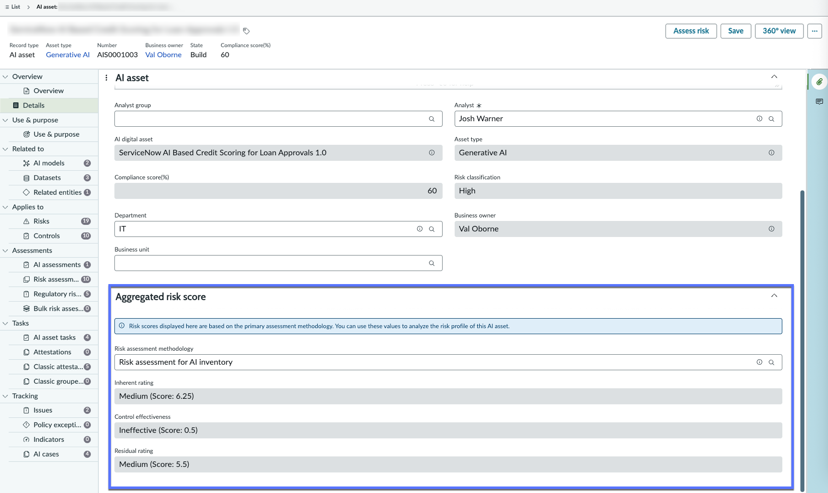 Details page of an AI system showing the aggregated risk score