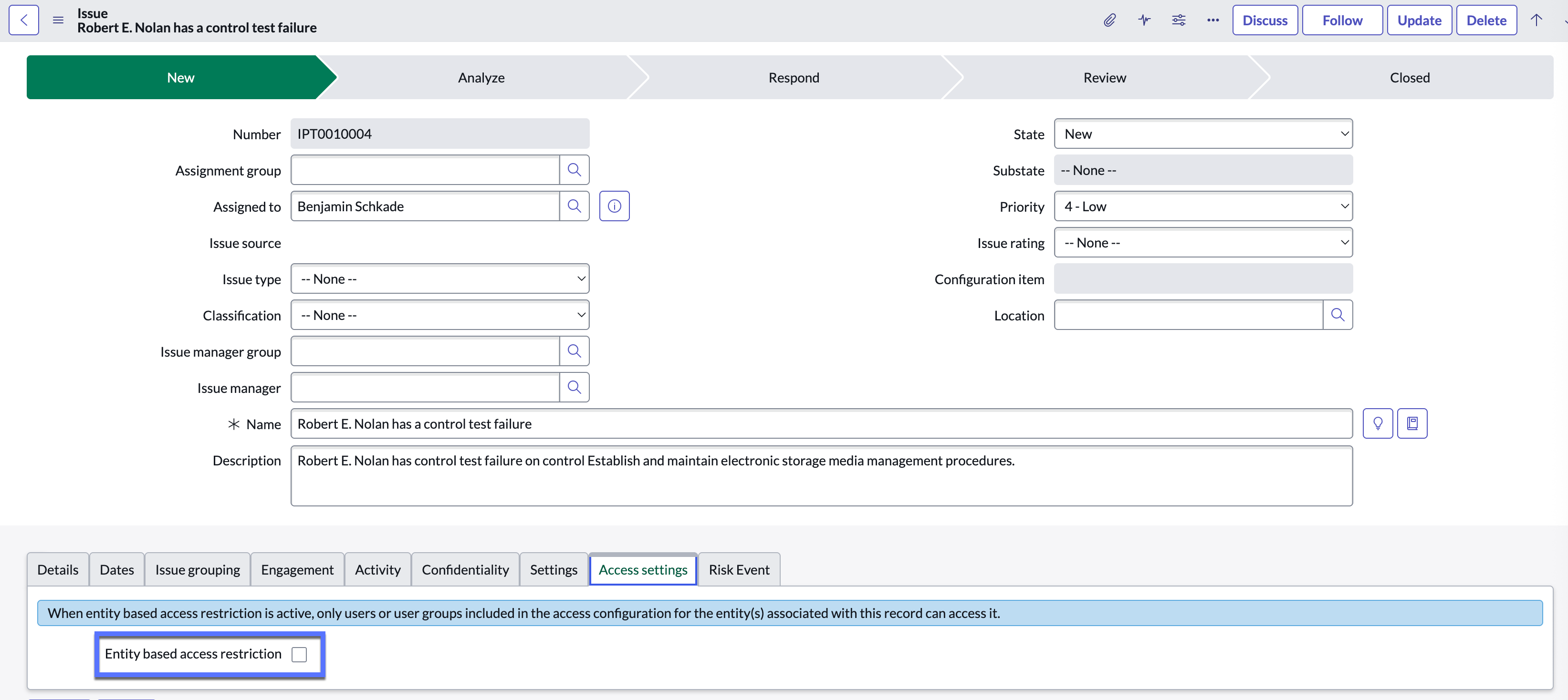 Access settings for entity-based access restriction on the Issue form.