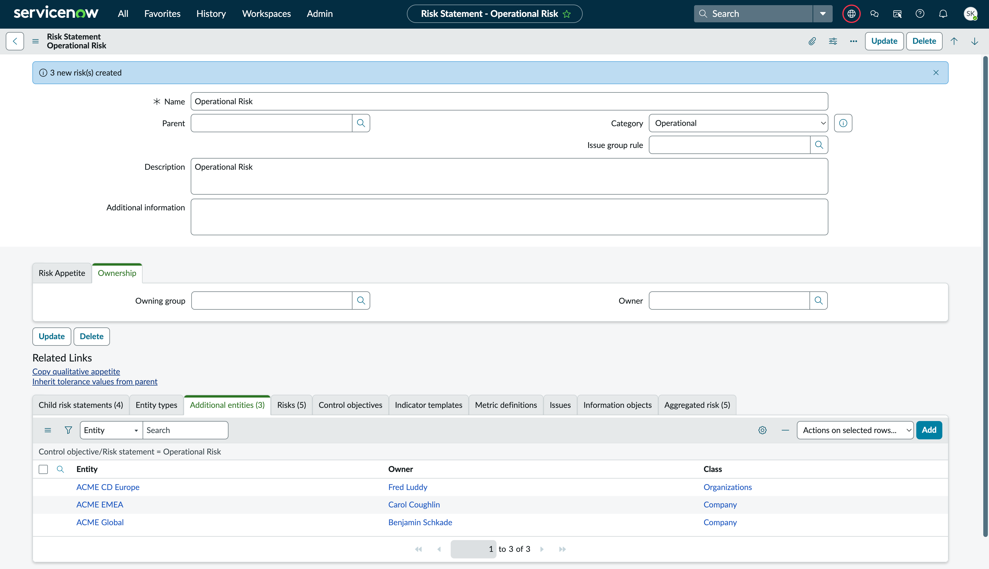 Form where the users can associate entities to risk statements at 0 level
