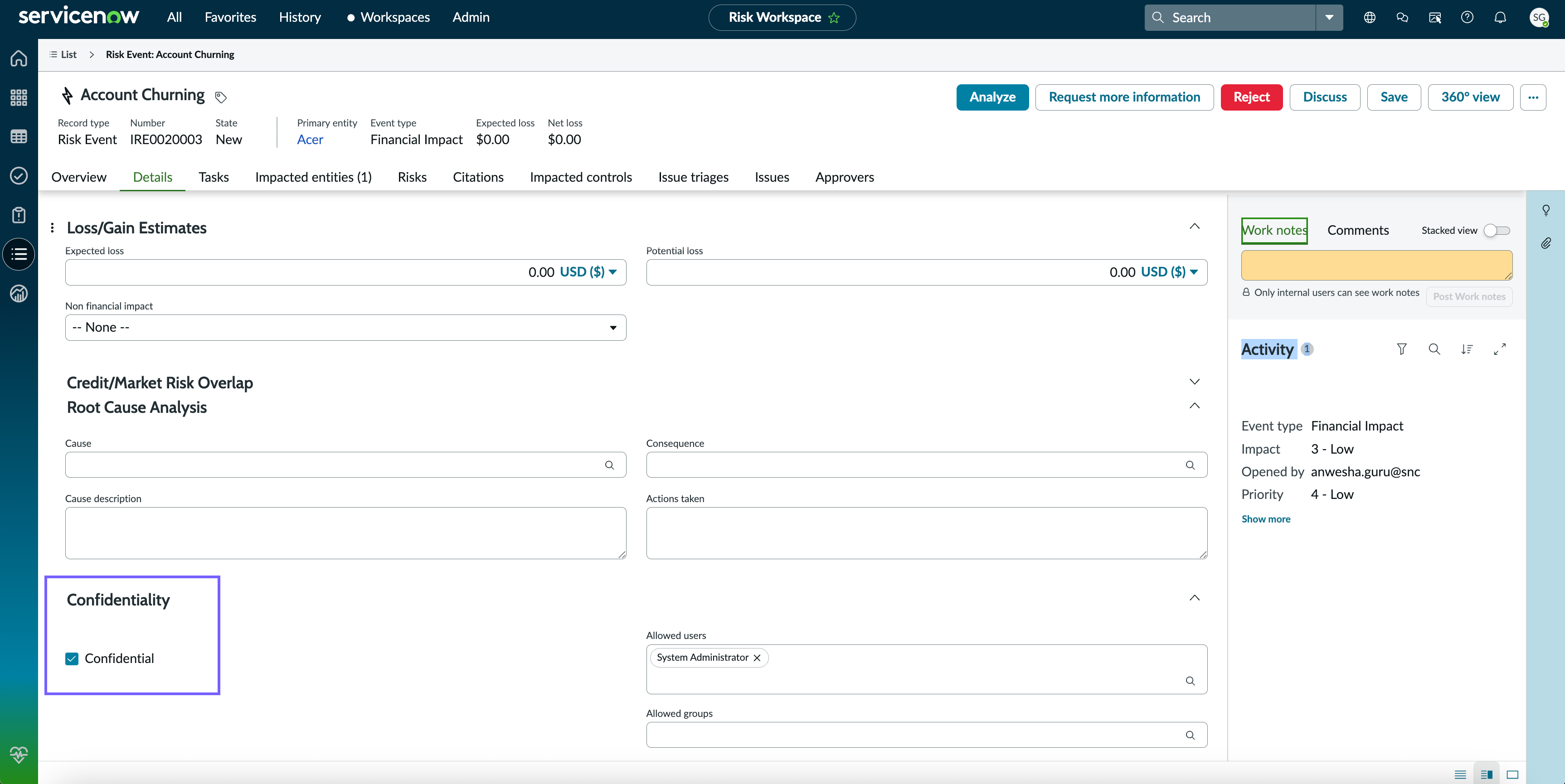 Confidentiality section in the workspace view.