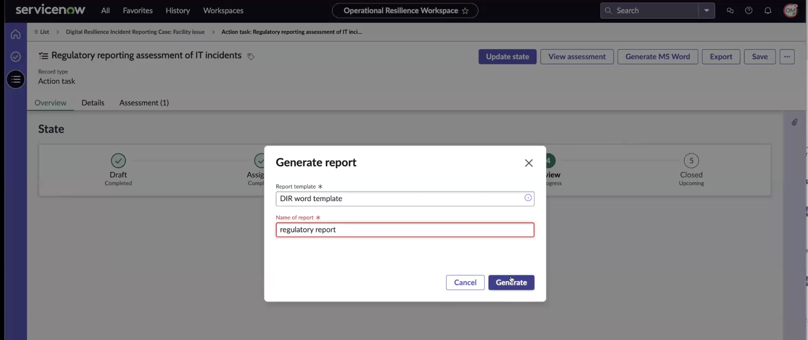 Generate report UI action.