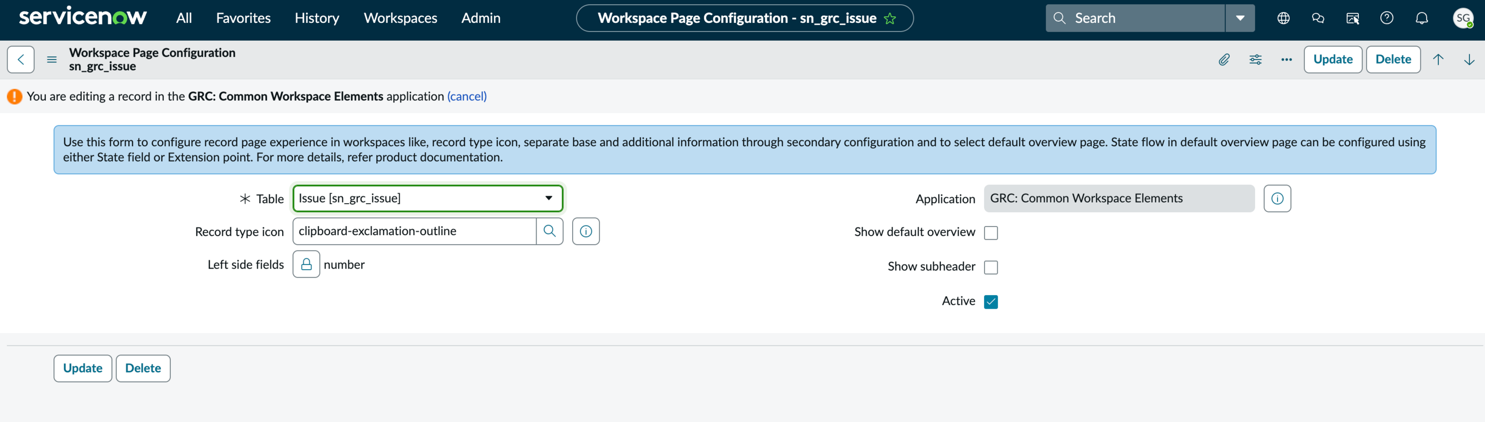Workspace page configuration