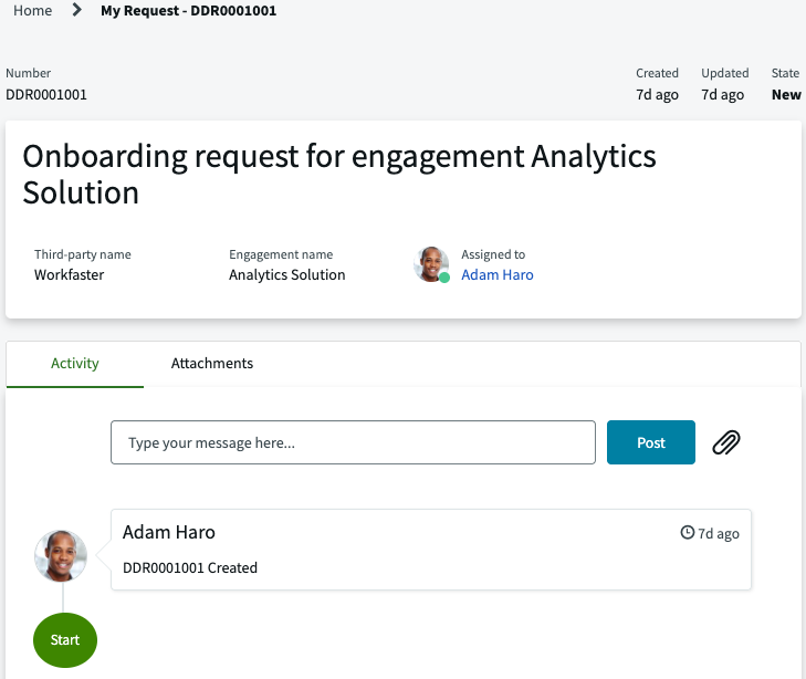 Due diligence request view from the activity tab in Employee Service Center.