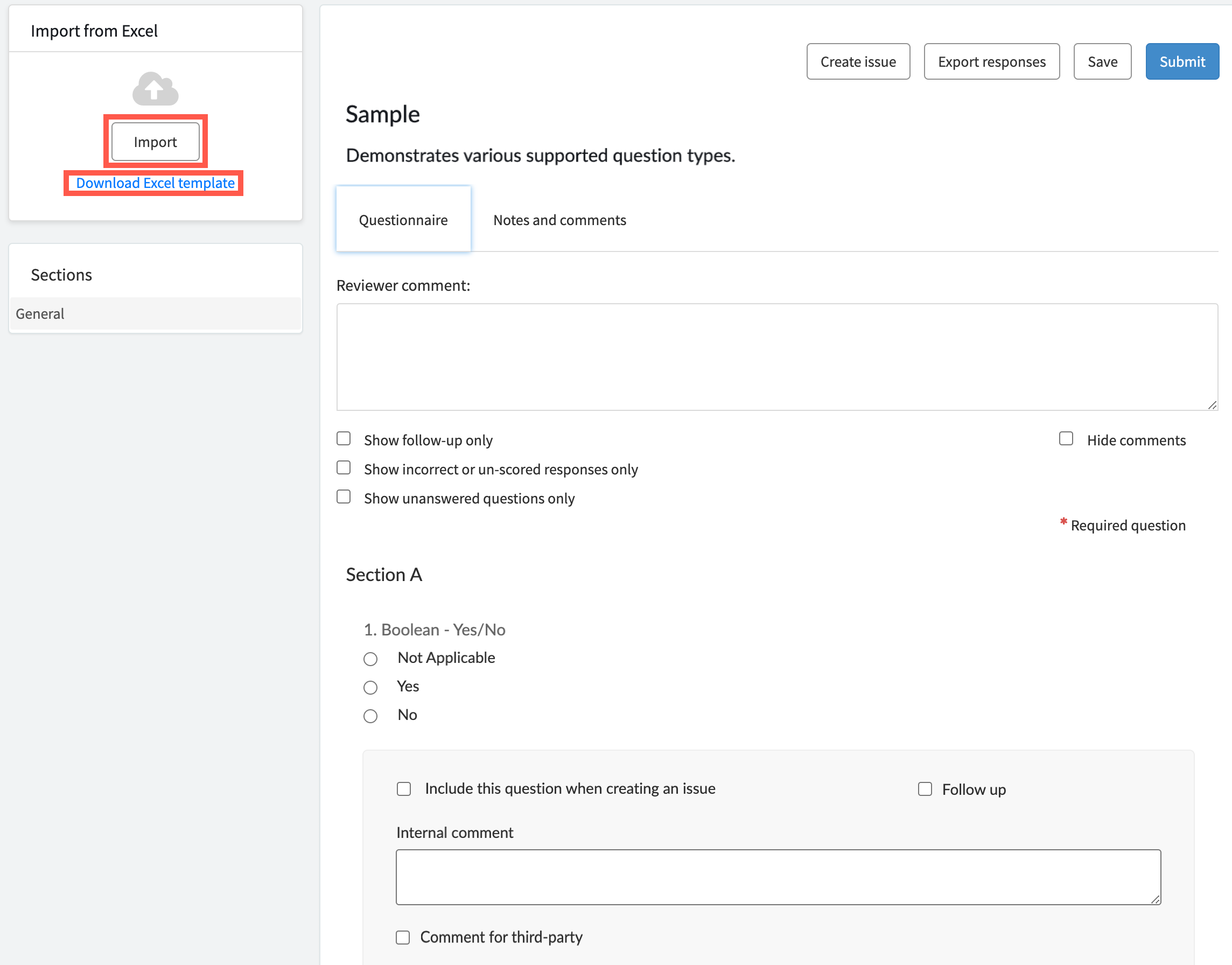 View of a sample questionnaire page. For the text description, refer to the text that precedes and follows this example.