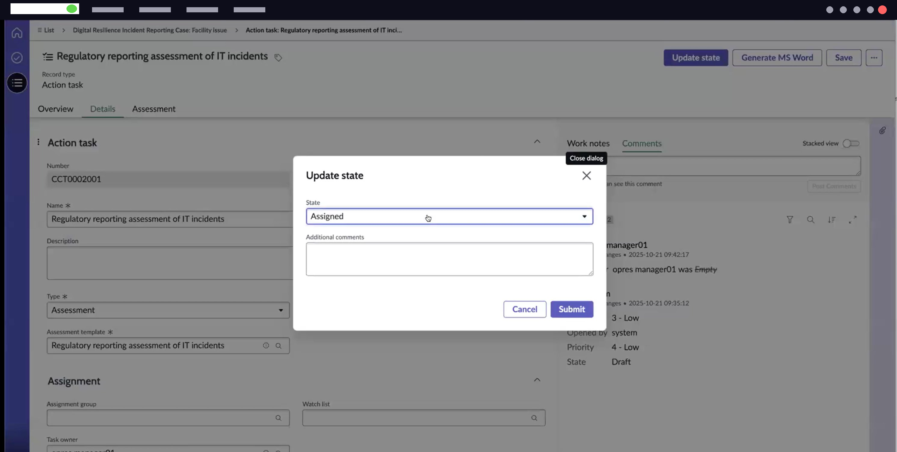Action task state is updated.