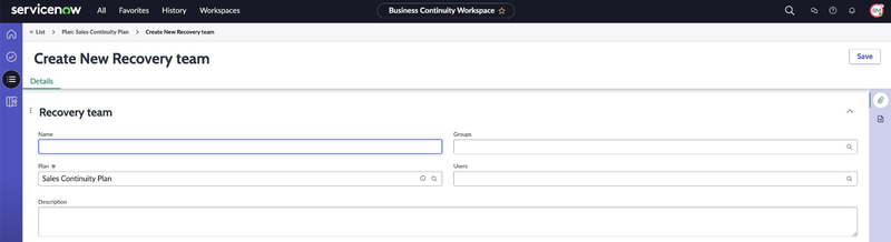 Create New Recovery team form.