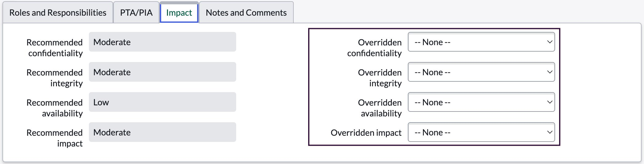 Impact override fields