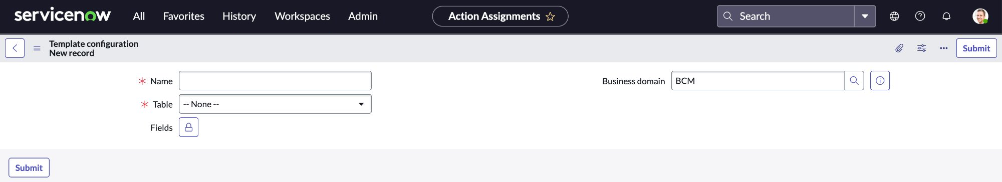 New template configuration form.