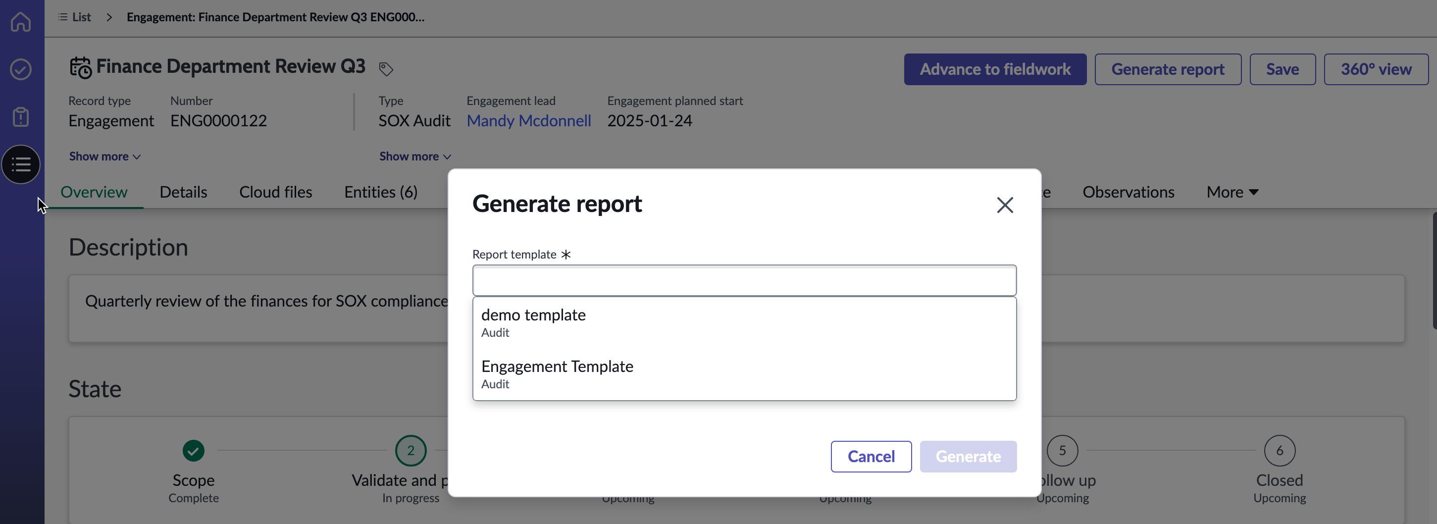Generate report pop-up.