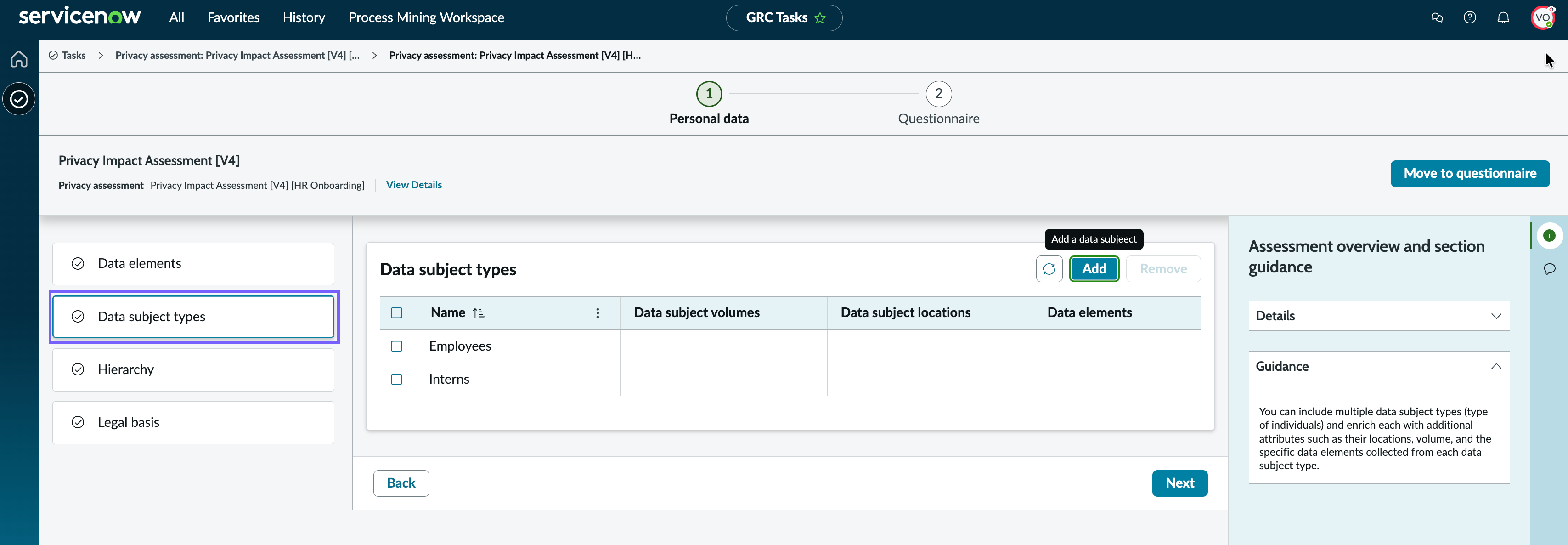 Data subject types in a tabular format in Employee Center.