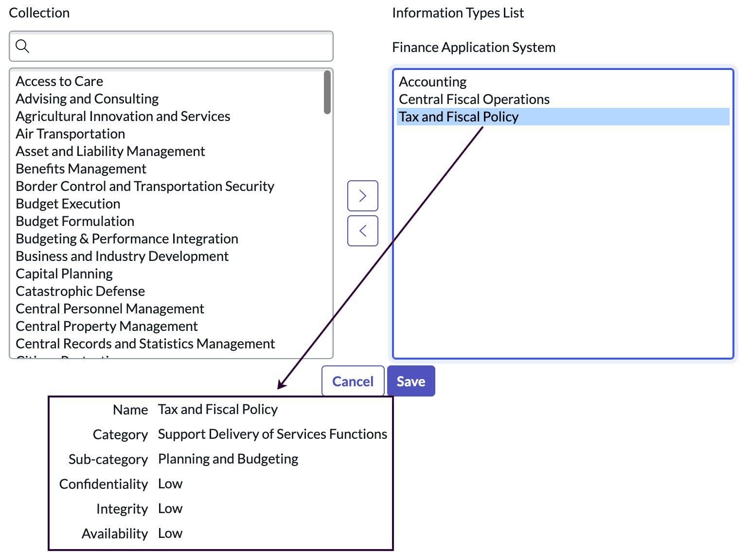Information Types selection form