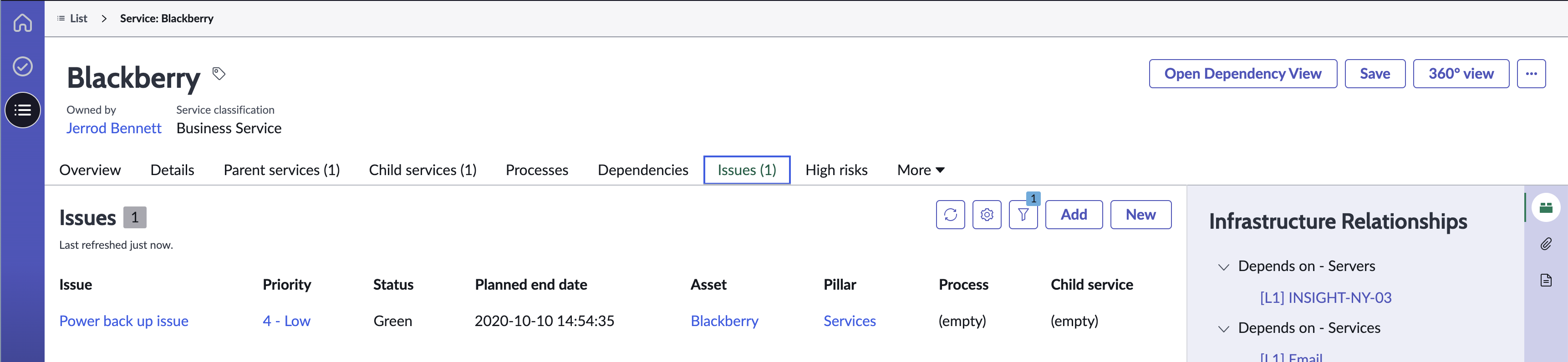 Sample Issues tab for a business service.