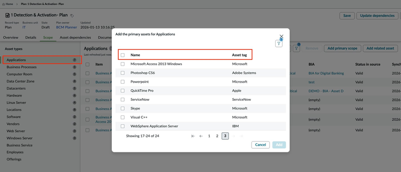 Assets shown when you select Add primary scope for the Applications asset types.