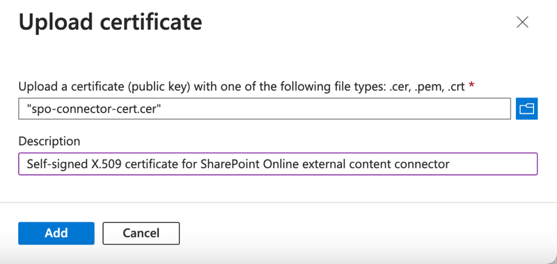 Caixa de diálogo Carregar certificado mostrando os campos de certificado e descrição na tela Certificados e segredos de uma aplicação Microsoft Azure registrada.