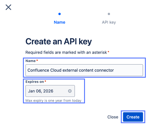 Campo de nome da chave de API, campo de data de expiração e botão Criar em Atlassian Administrationcaixa de diálogo do console.