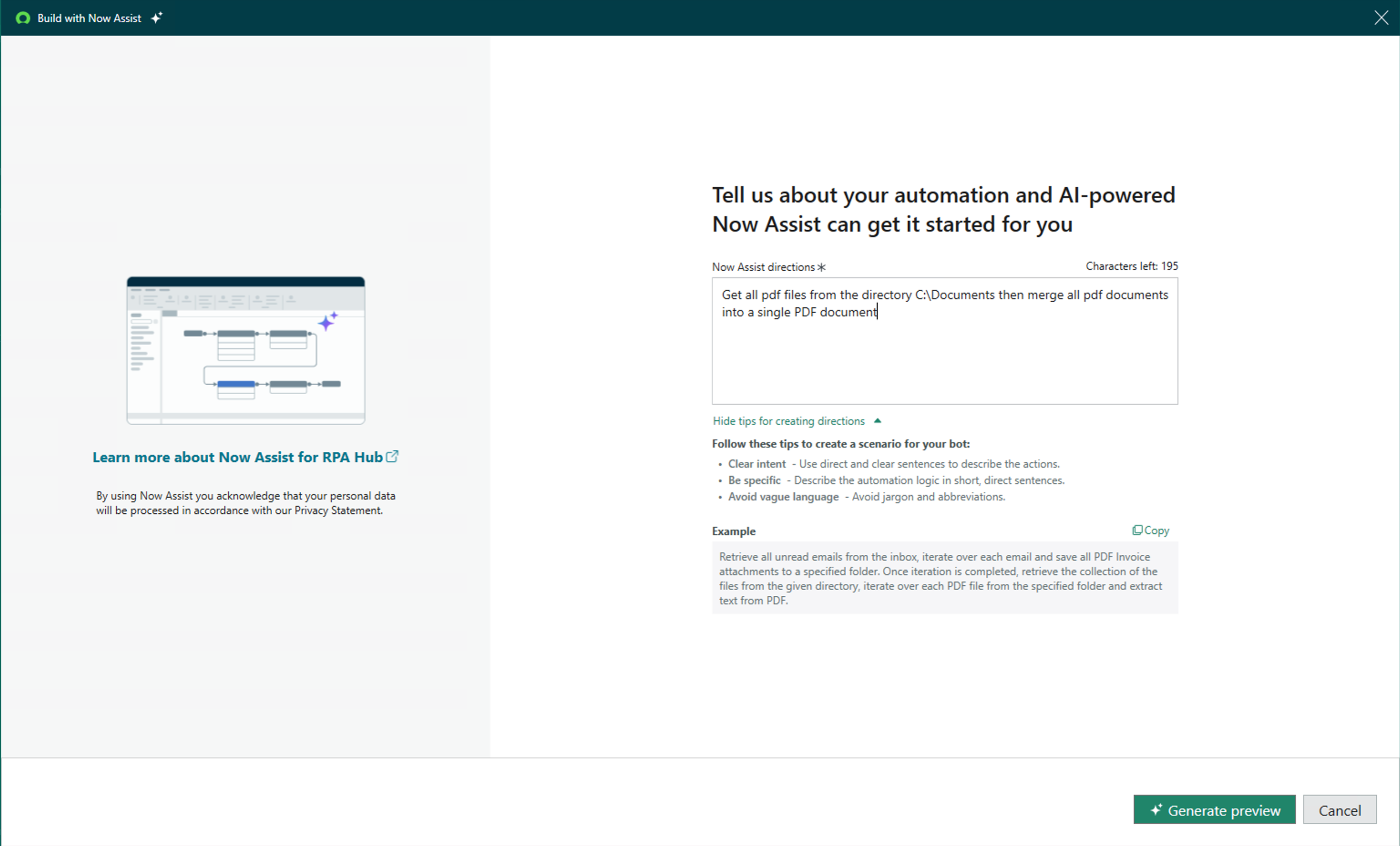Now Assistを使用してビルド Now Assistが自動化ワークフローを生成するために使用する手順を示すウィンドウ。