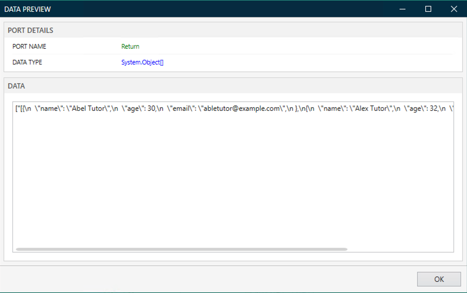 実行後の JsonArrayToArray コンポーネントのデータプレビュー。