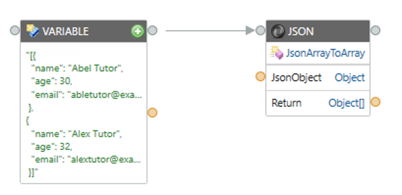 JsonArrayToArray コンポーネントは、Variable コンポーネントのスクリプトからデータを抽出します。