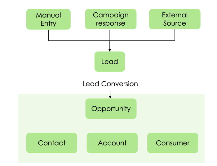 Lead-Management-Workflow, der die Konvertierung von Lead-Einträgen zu Leads zeigt.