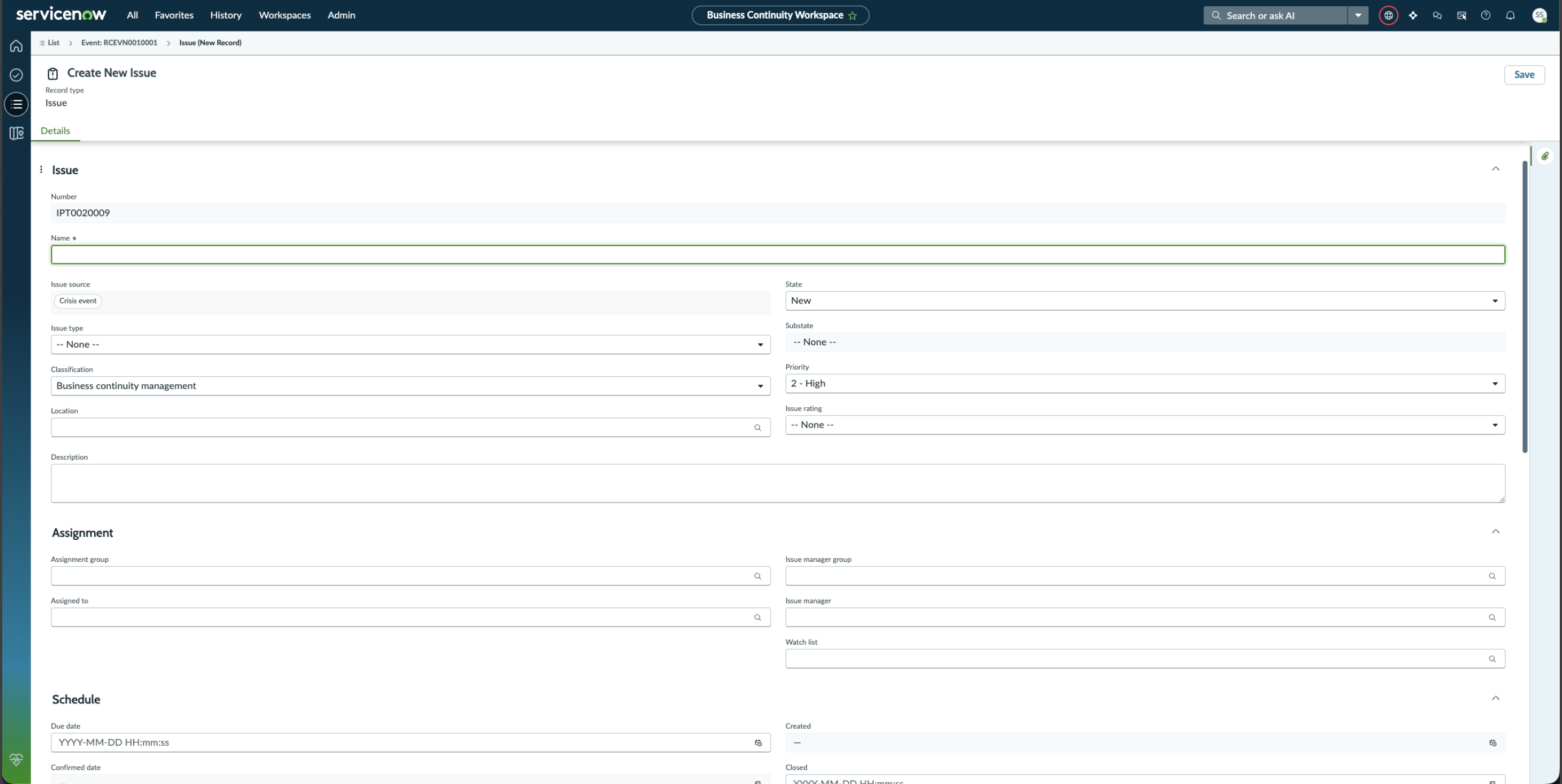 Add or create an issue from a crisis event
