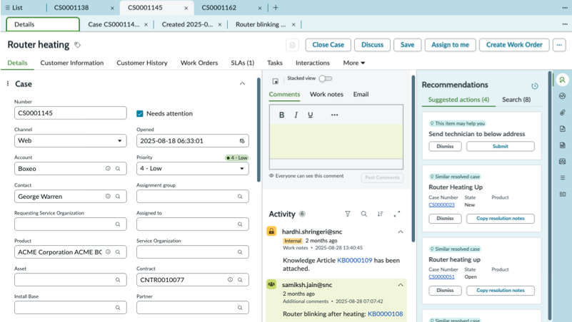 The CSM Configurable Workspace interface provides information such as record details, the activity stream, and tools in the contextual side panel such as recommended actions and templates.